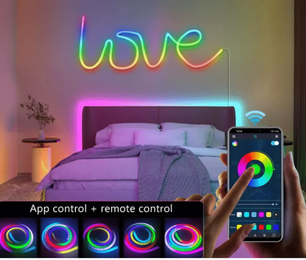 RGB LED neon strip - 5 meters, control: app and remote control, 16 million colors, 4 lighting modes, wall - Image 2